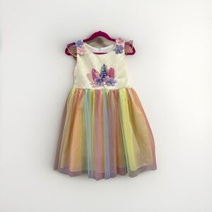 Girls Sz 8 130 cm Unicorn Party Tulle Rainbow Dress Yellow Appliqué Special Occ